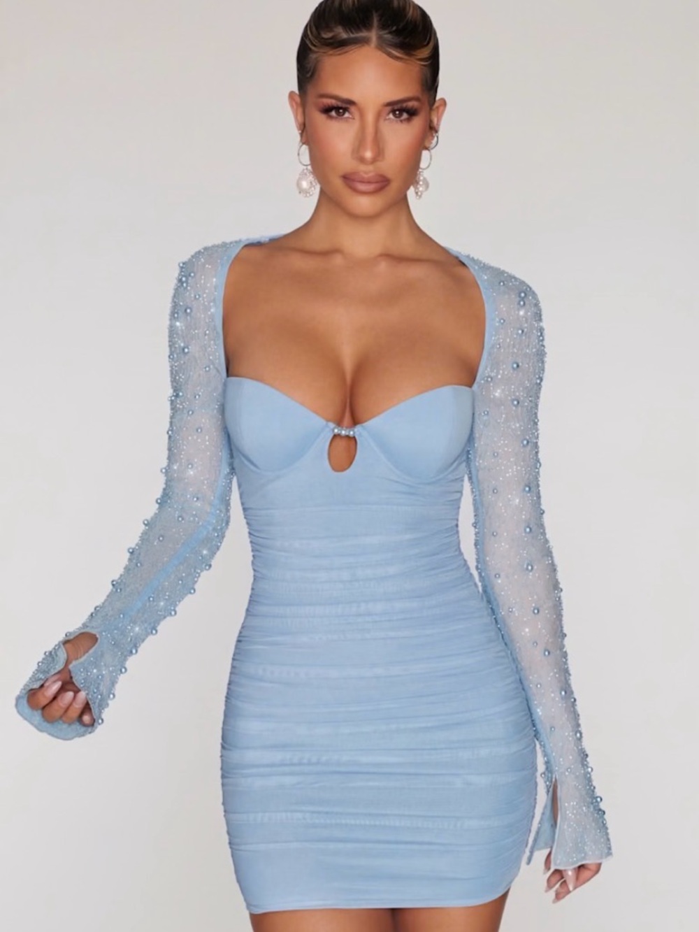 Oh Polly Baby Blue Beaded Sheer-Sleeve Mini Dress ***w/ plus size bra cups***
